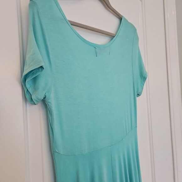Vtg. Mary McFadden Collection Womens Large Turquoise Waterfall Hem Jersey Dress - Picture 8 of 8
